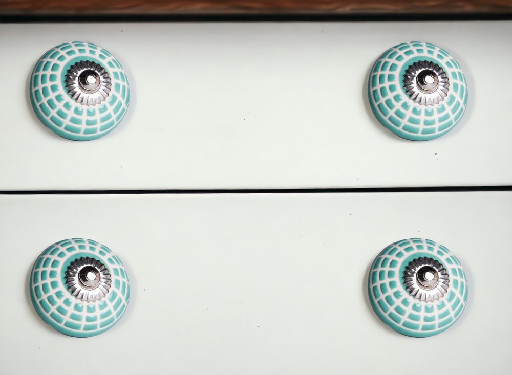 Set of Twelve Turquoise And White Geometric Ceramic Drawer Pull Knobs