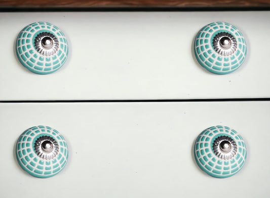 Set of Twelve Turquoise And White Geometric Ceramic Drawer Pull Knobs