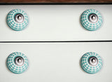 Set of Twelve Turquoise And White Geometric Ceramic Drawer Pull Knobs