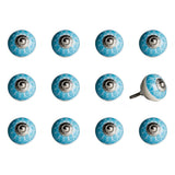 Set of Twelve Aqua White And Silver Geometric Ceramic Drawer Pull Knobs