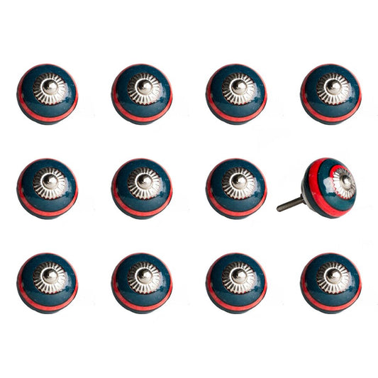Set of Twelve Navy Blue And Red Geometric Ceramic Drawer Pull Knobs