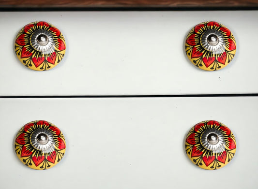 Set of Twelve Yellow And Black Floral Ceramic Drawer Pull Knobs