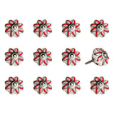 Set of Twelve Red And White Floral Ceramic Drawer Pull Knobs