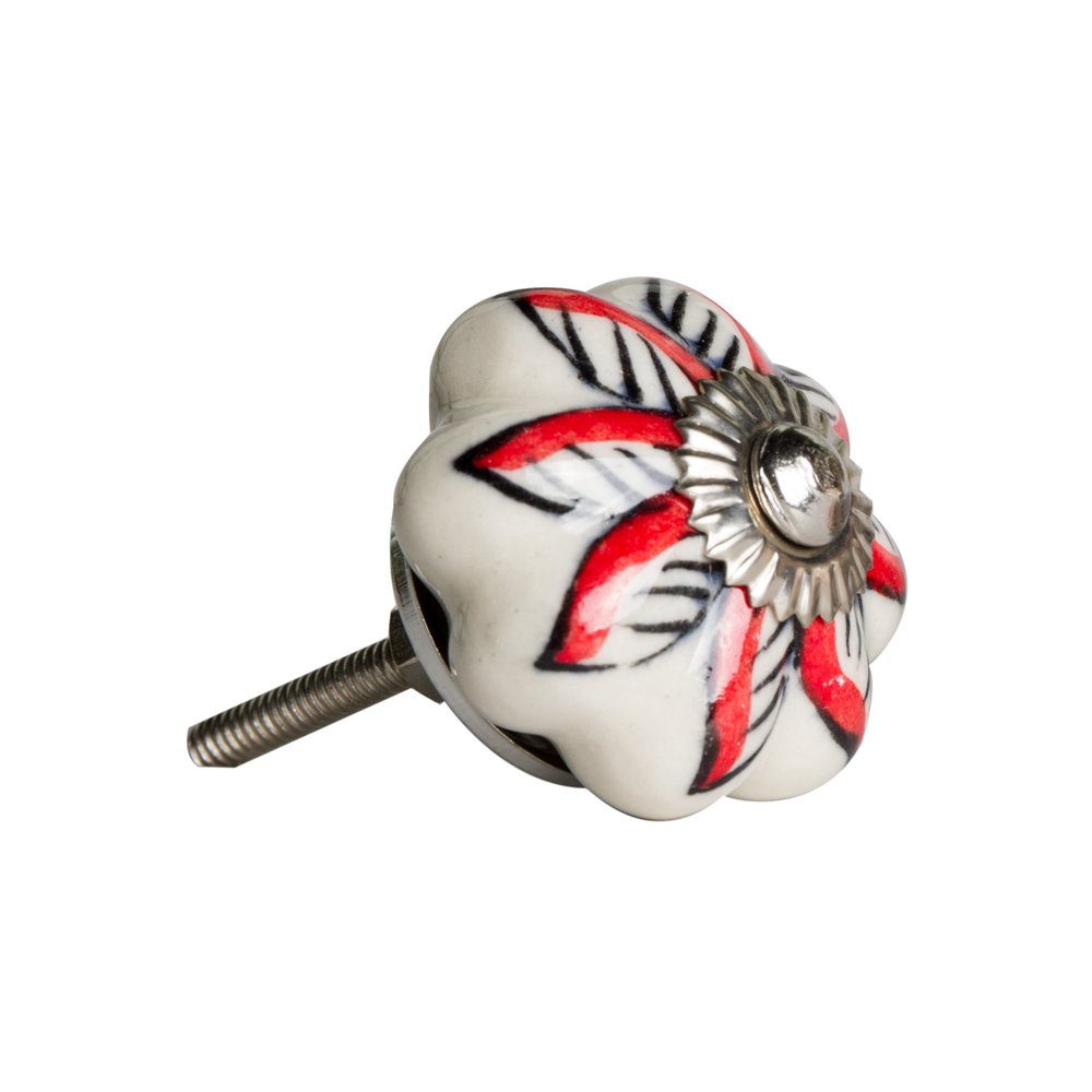 Set of Twelve Red And White Floral Ceramic Drawer Pull Knobs