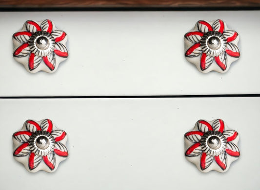 Set of Twelve Red And White Floral Ceramic Drawer Pull Knobs