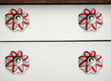 Set of Twelve Red And White Floral Ceramic Drawer Pull Knobs