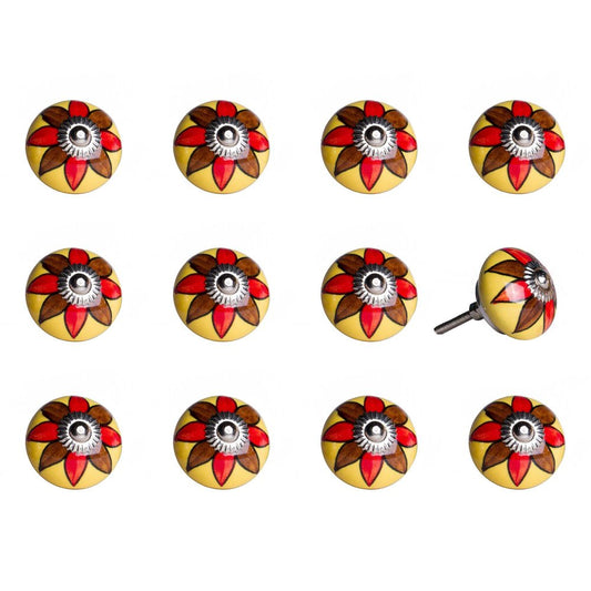 Set of Twelve Red And Yellow Floral Ceramic Drawer Pull Knobs