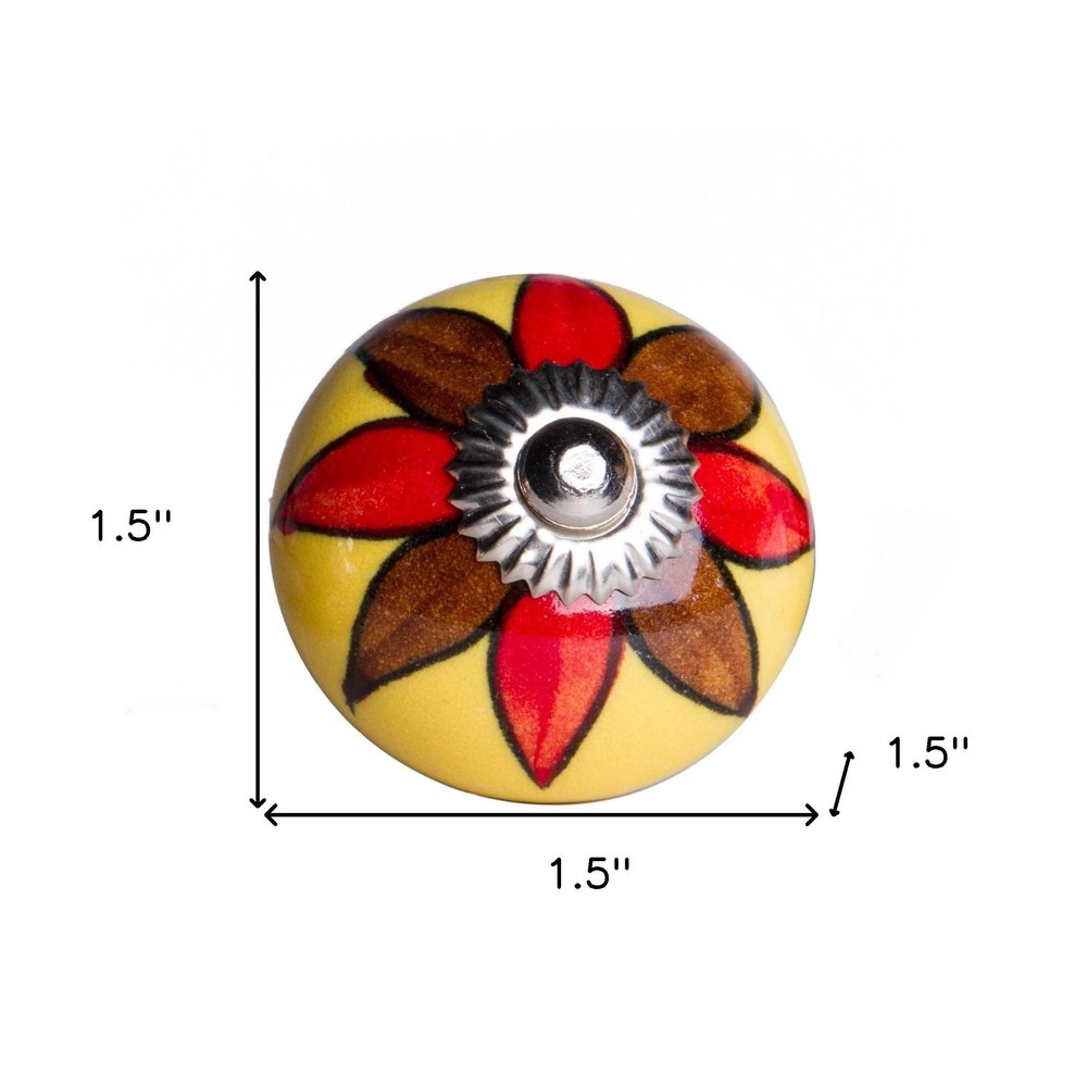 Set of Twelve Red And Yellow Floral Ceramic Drawer Pull Knobs