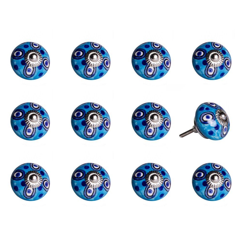 Set of Twelve Blue And White Botanical Ceramic Drawer Pull Knobs