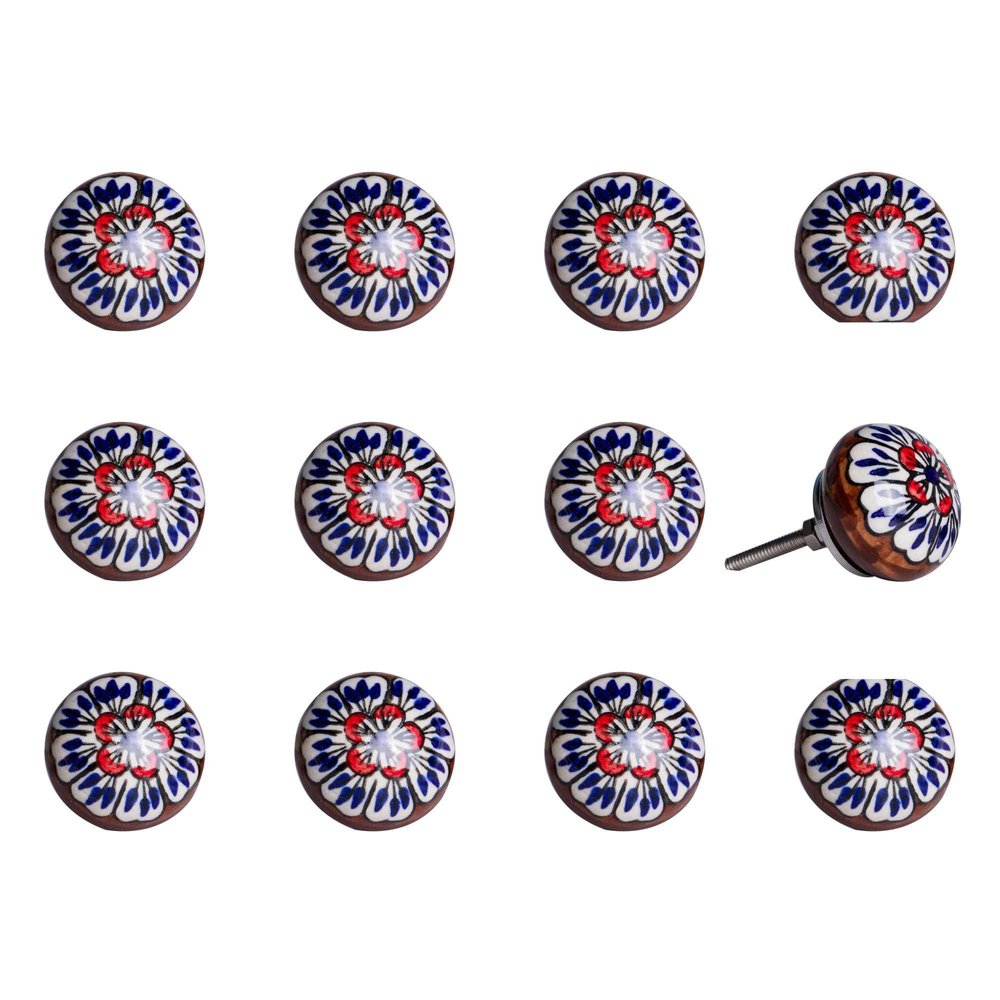 Set of Twelve Blue And White Floral Ceramic Drawer Pull Knobs