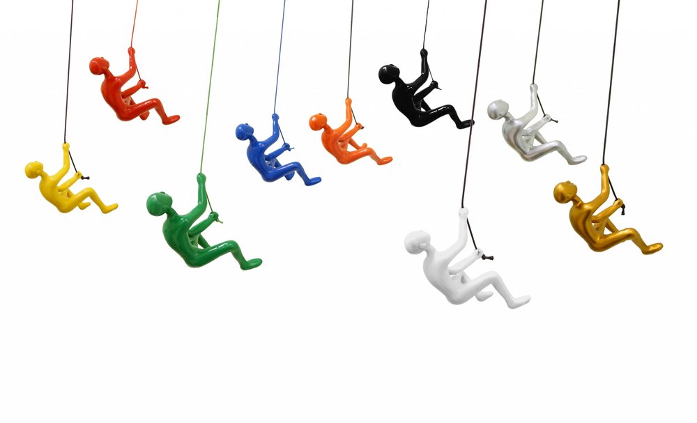 Set of Nine Rainbow Resin Climbing Man Hanging Dimensional Sculpture