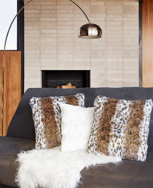 Set of Two 18" Brown White And Black Faux Fur Throw Pillows