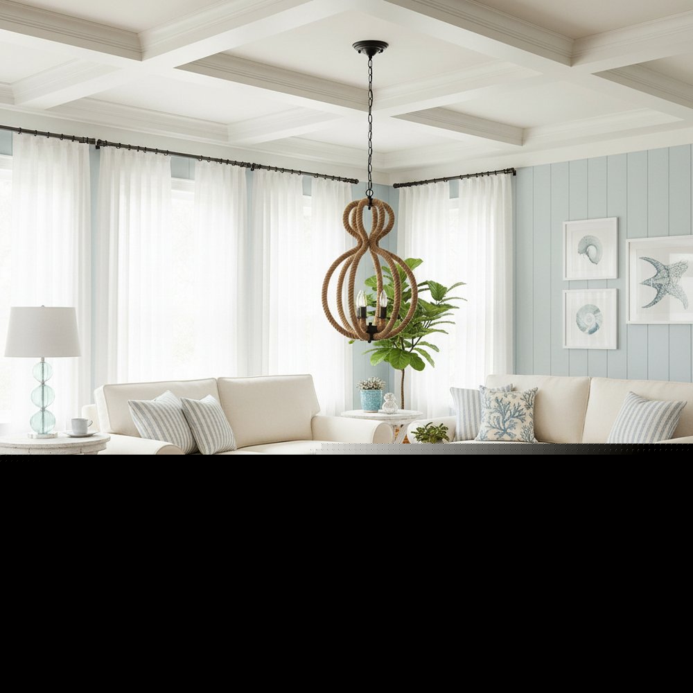Natural and Black Iron and Rope Three Light Ceiling Light