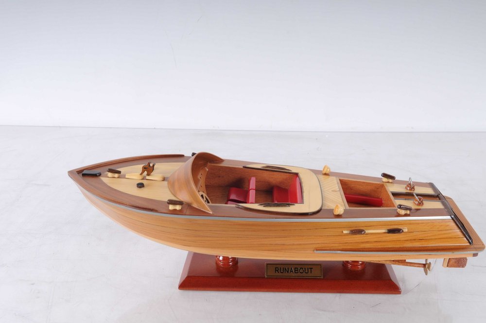 16" Brown Solid Wood Hand Painted Runabout Canoe Model Boat