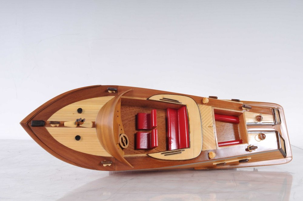 16" Brown Solid Wood Hand Painted Runabout Canoe Model Boat