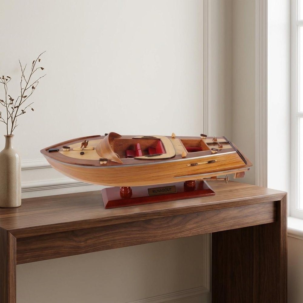 16" Brown Solid Wood Hand Painted Runabout Canoe Model Boat