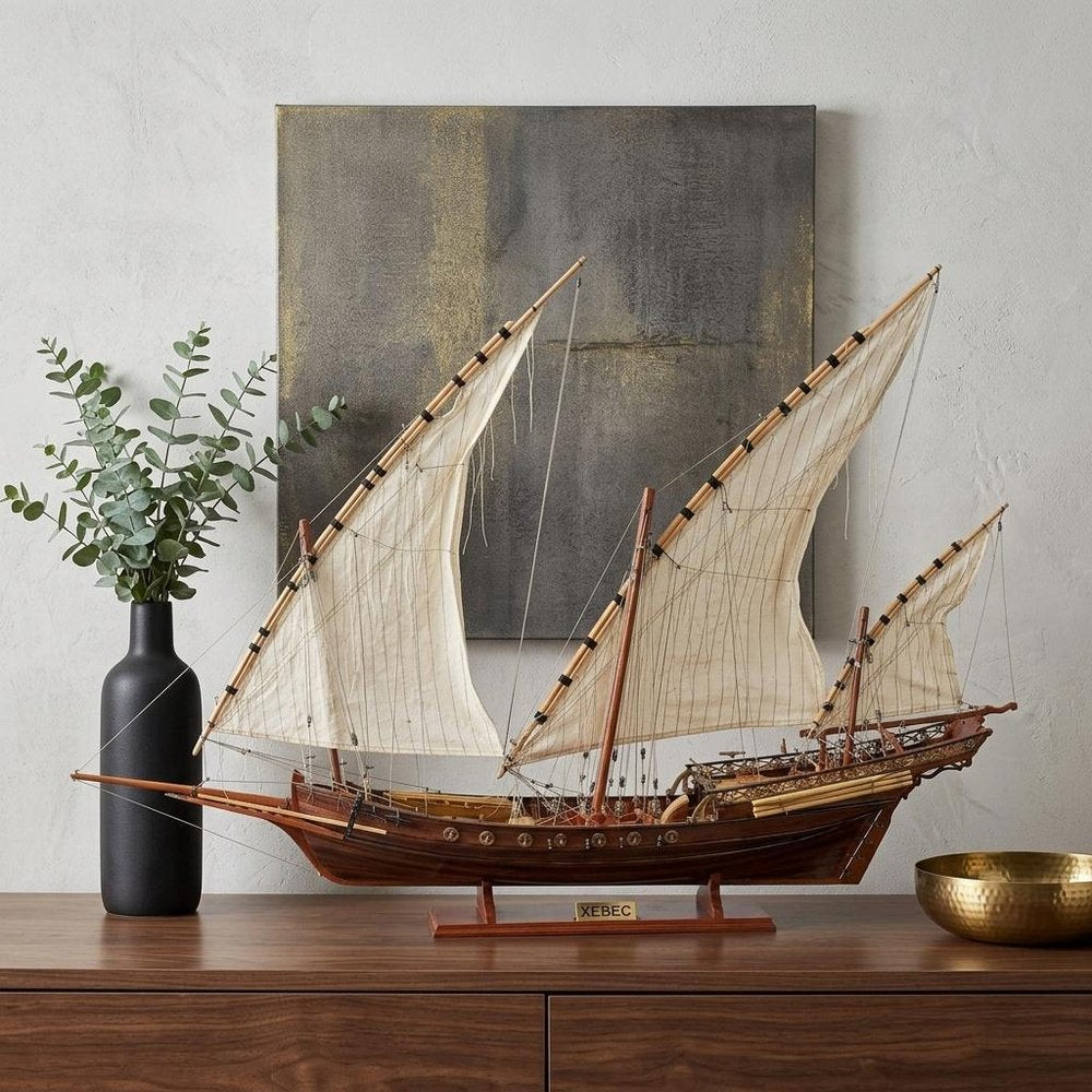27" Brown Manufactured Wood Boat Hand Painted Sculpture