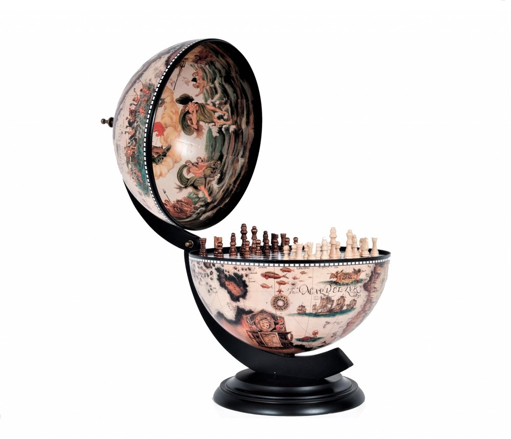 13" Brown And Black World Map Globe Chess Game Set