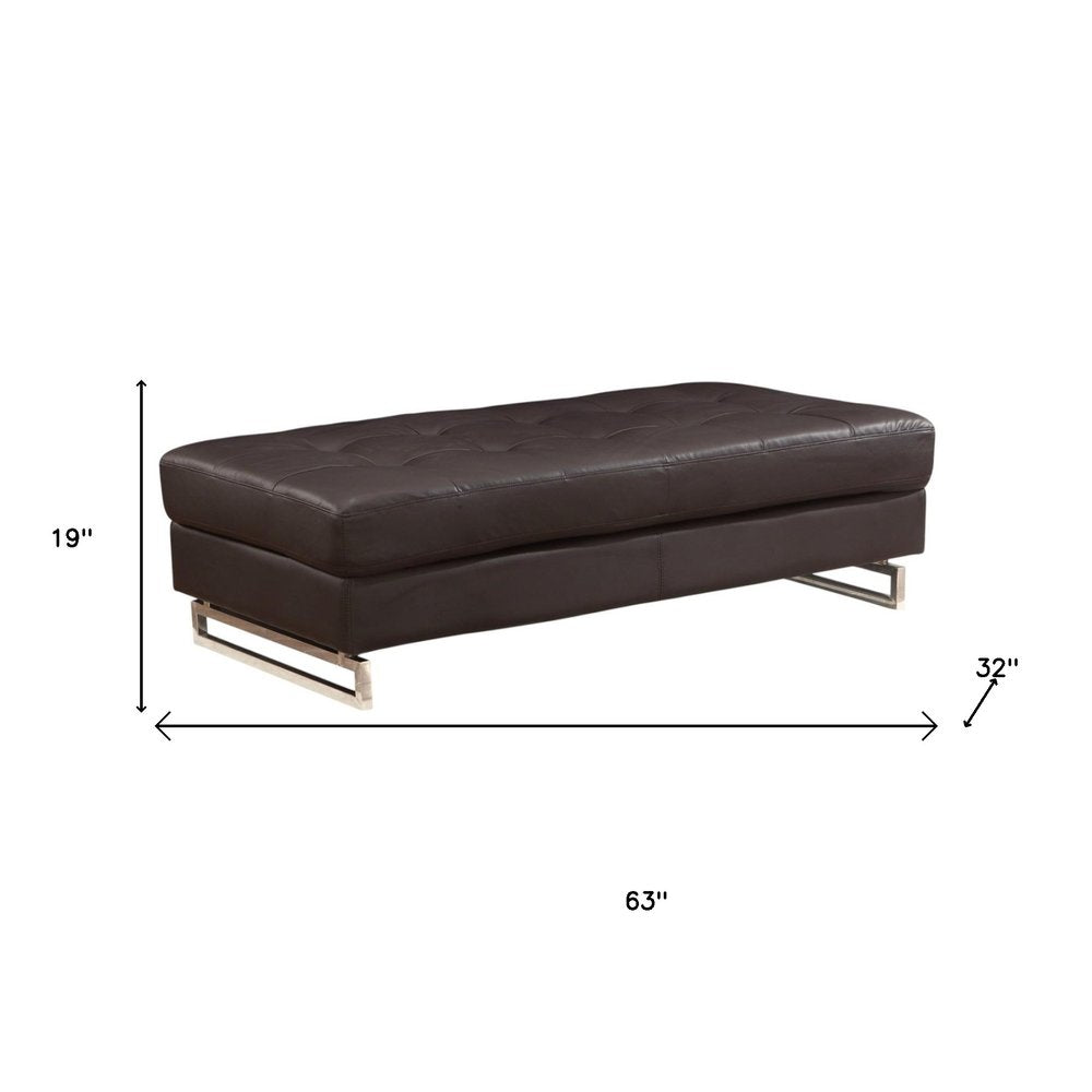 63" Brown and Silver Faux Leather Tufted Ottoman