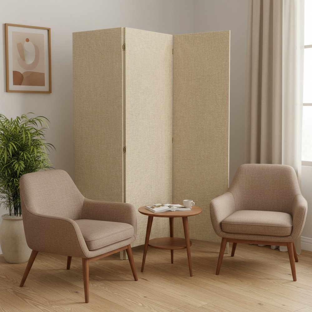 Brown Upholstered 3 Panel Room Divider Screen