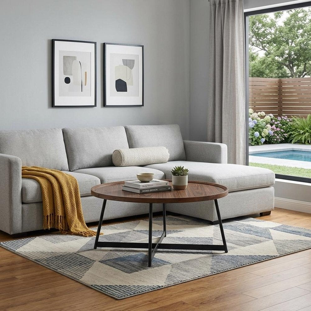35" Brown and Black Wood And Metal Round Frame Coffee Table