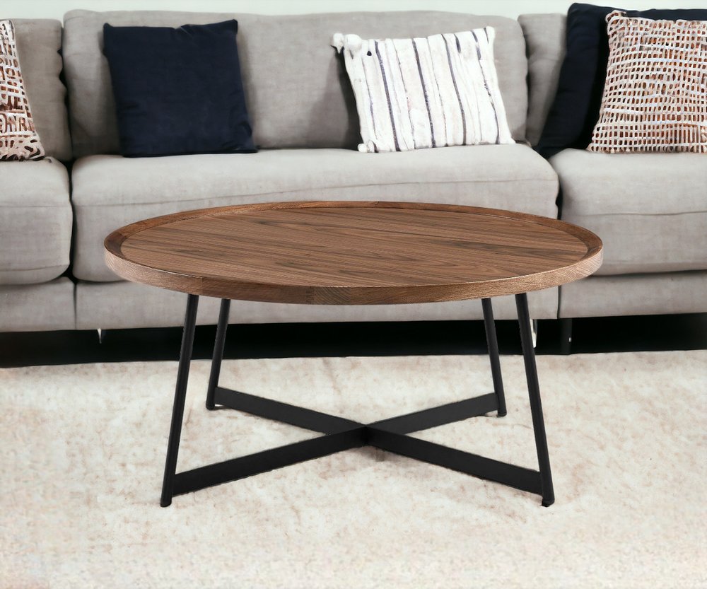 35" Brown and Black Wood And Metal Round Frame Coffee Table