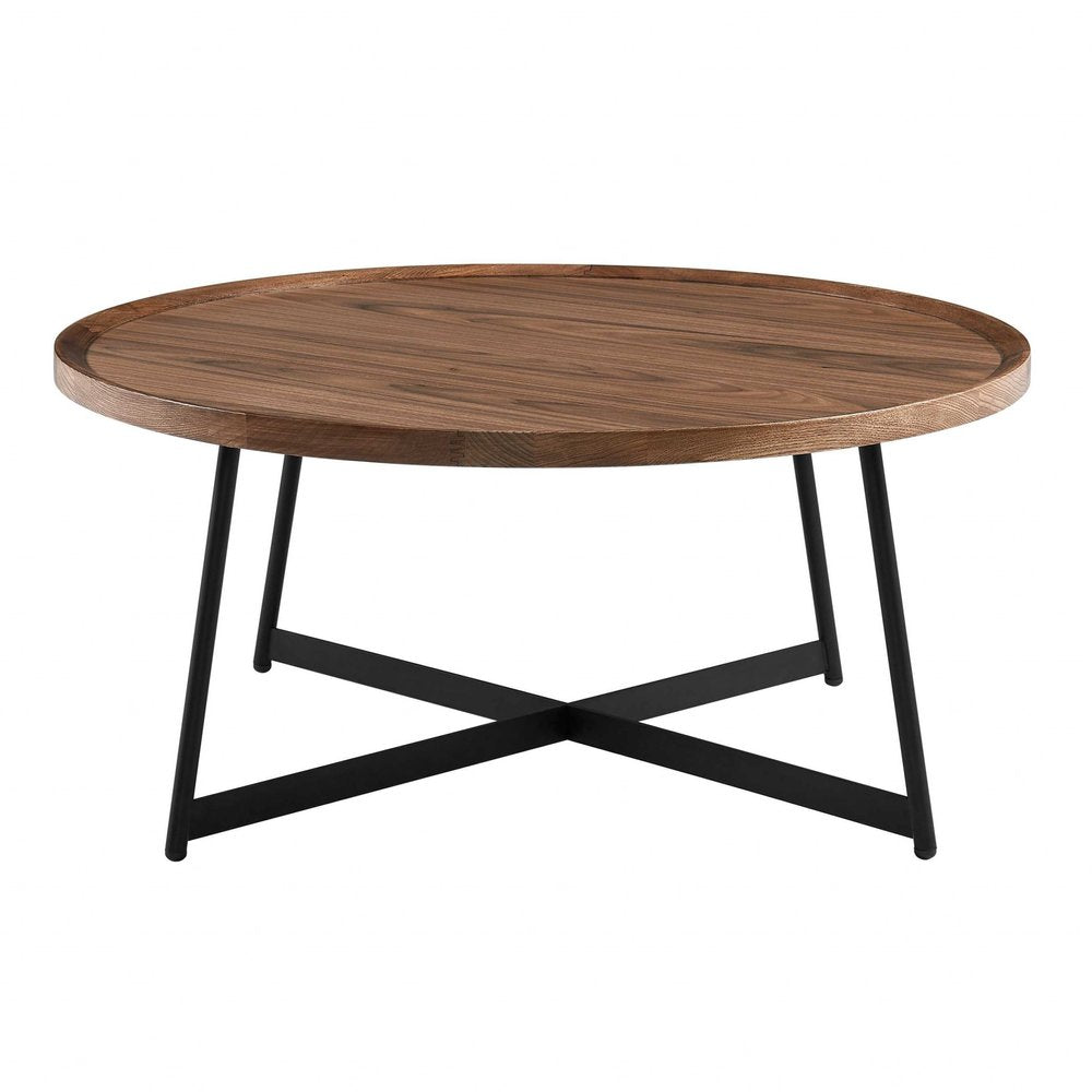 35" Brown and Black Wood And Metal Round Frame Coffee Table