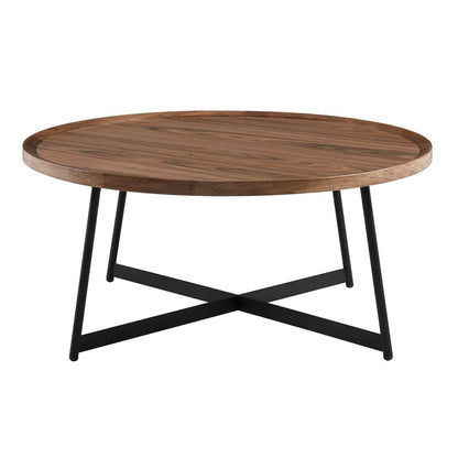 35" Brown and Black Wood And Metal Round Frame Coffee Table