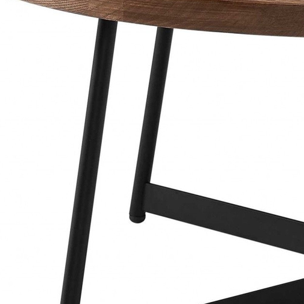 35" Brown and Black Wood And Metal Round Frame Coffee Table