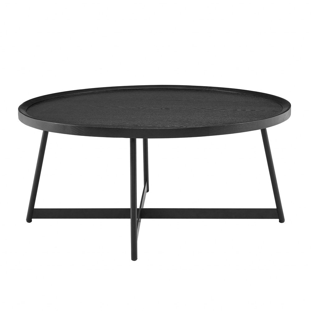 35" Black Wood And Metal Round Frame Coffee Table