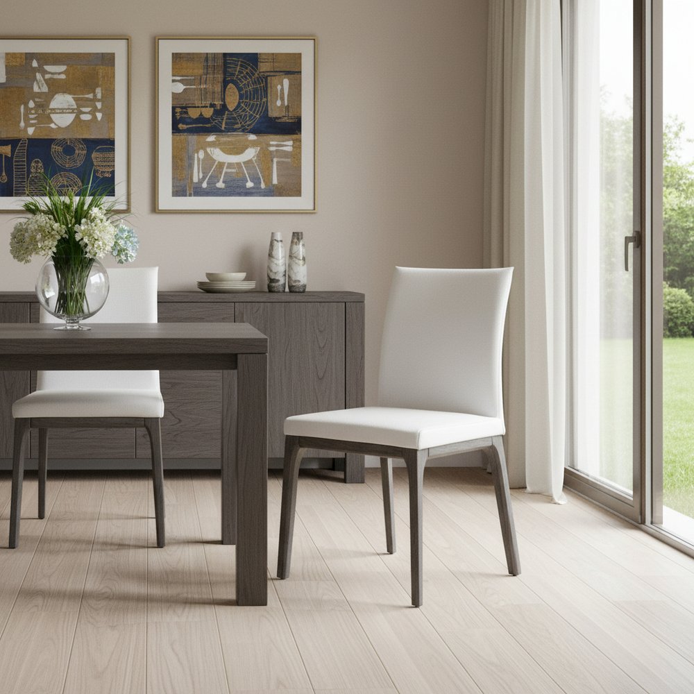 Set of Two White and Gray Upholstered Faux Leather Dining Side Chairs