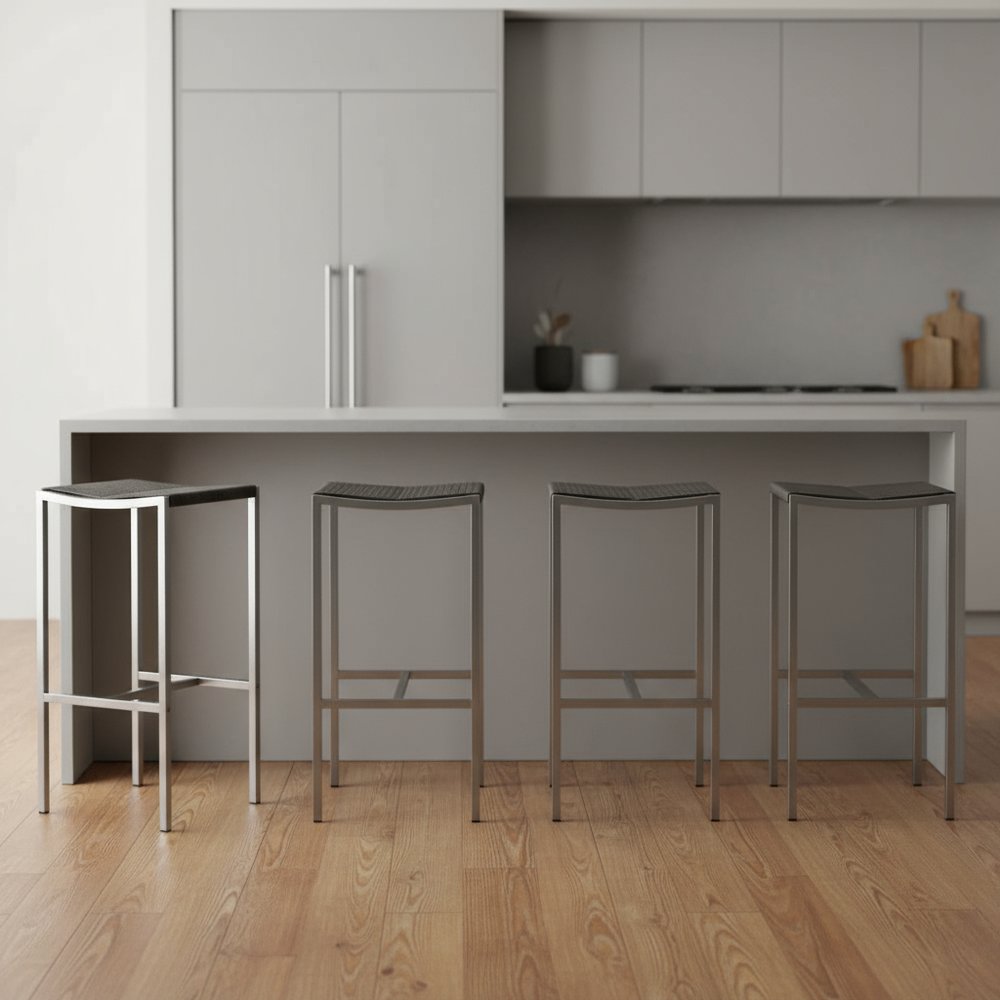 Set of Four 28" Brown and Silver Iron and Steel Backless Counter Height Bar Chairs