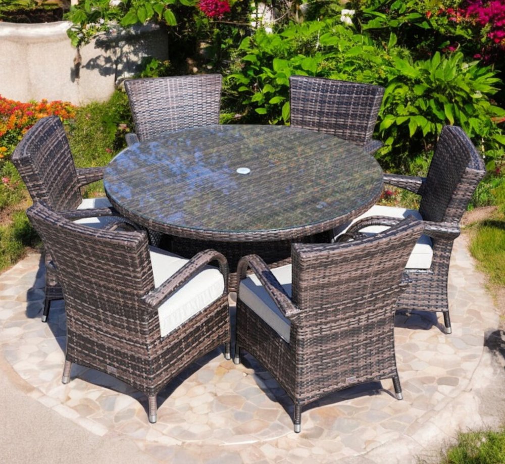 Seven Piece Clear and Gray Round Glass Dining Set