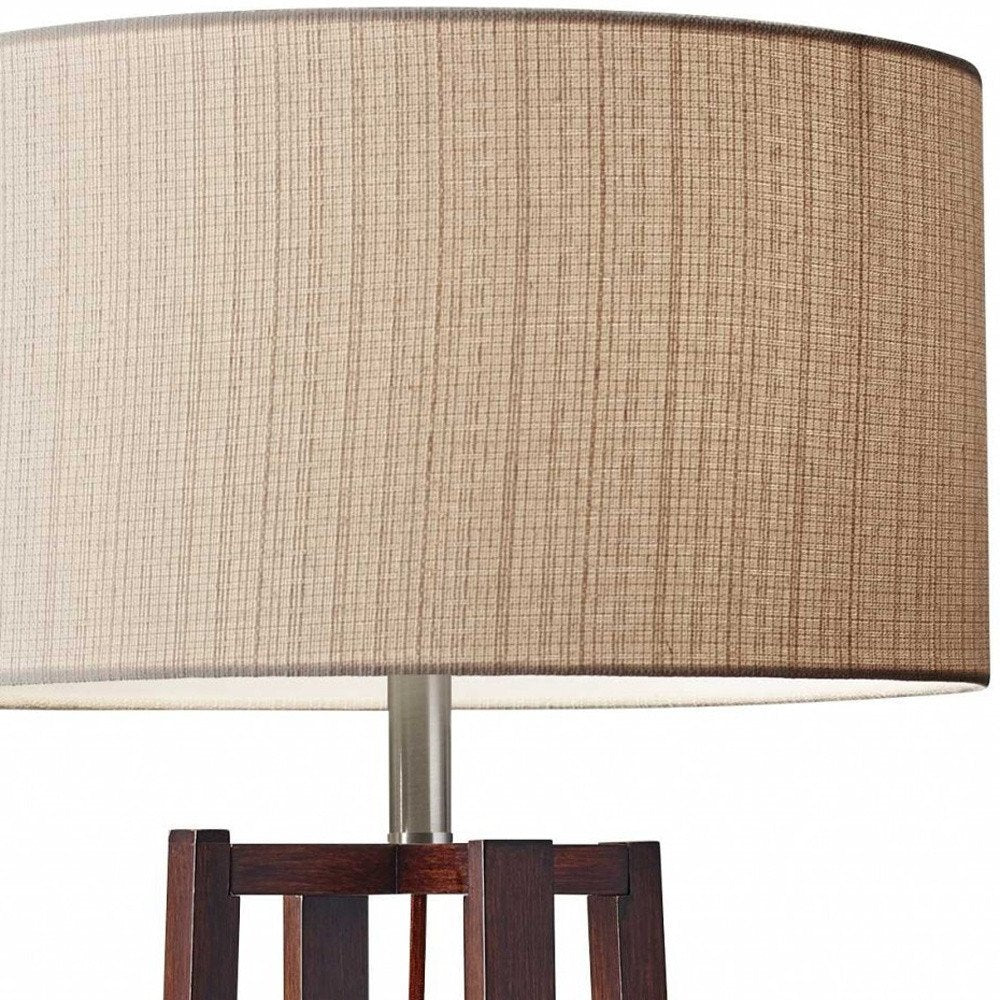 60" Brown Solid Wood Novelty Floor Lamp With Beige Fabric Drum Shade