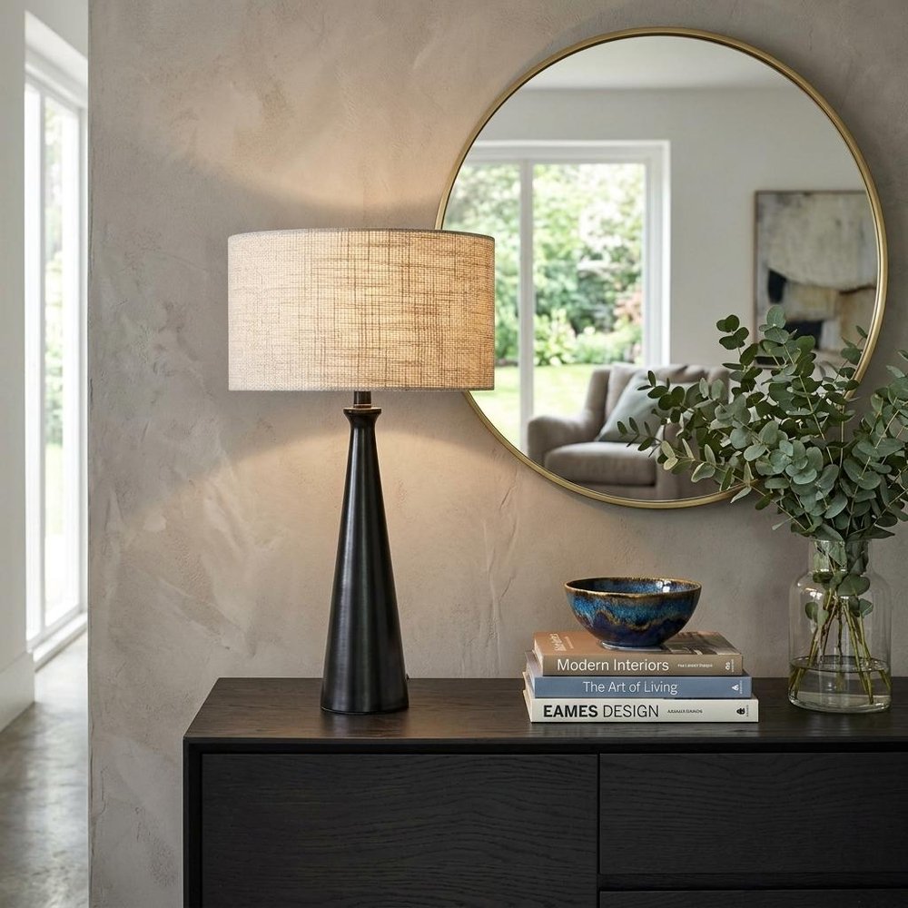 22" Black Metal Geo Triangle Table Lamp With Beige Drum Shade