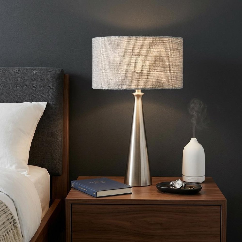 22" Black Metal Geo Triangle Table Lamp With Beige Drum Shade