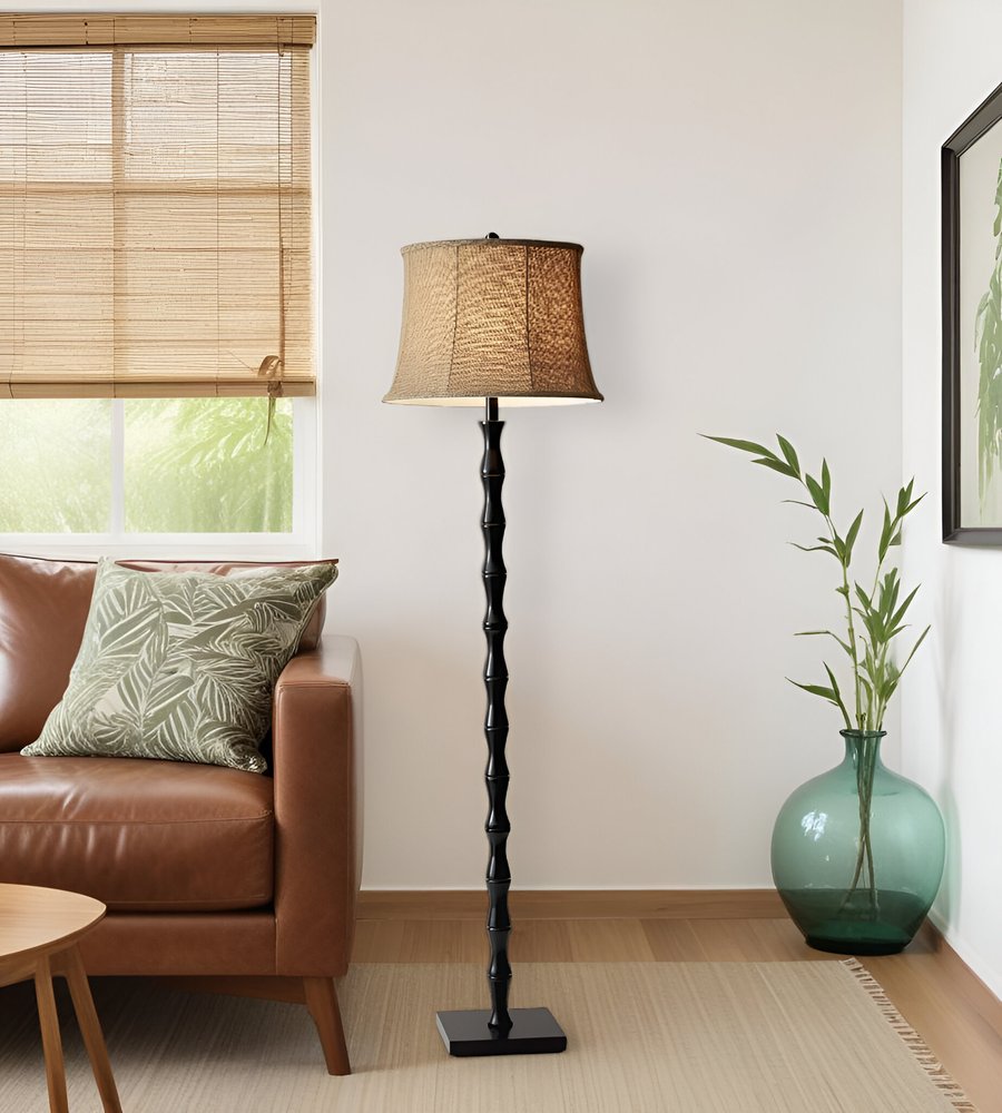 62" Brown And Black Floor Lamp With Beige Burlap Shade