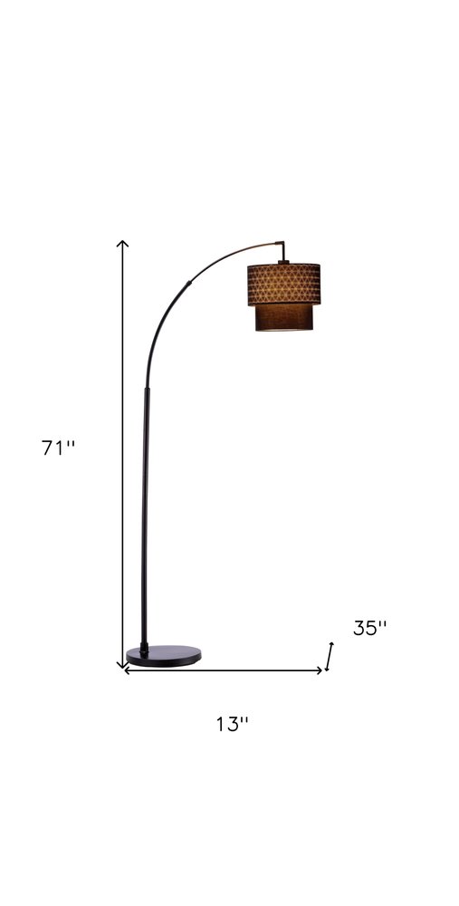 71" Brown And Black Arched Floor Lamp With Brown Fabric Drum Shade