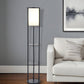 63" Black Wood Column Floor Lamp With White Fabric Cylinder Shade