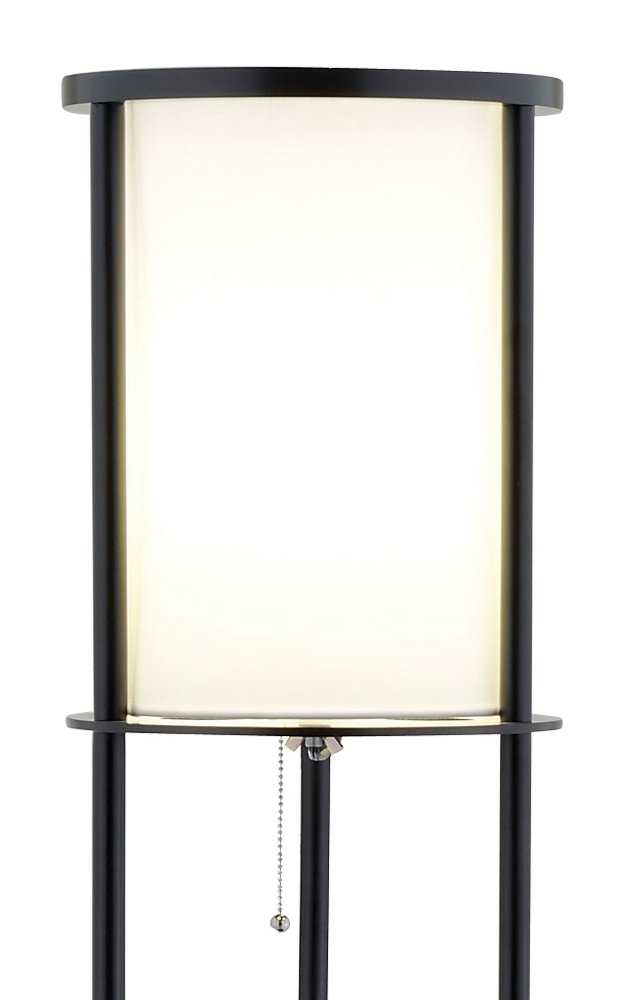 63" Black Wood Column Floor Lamp With White Fabric Cylinder Shade
