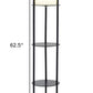 63" Black Wood Column Floor Lamp With White Fabric Cylinder Shade