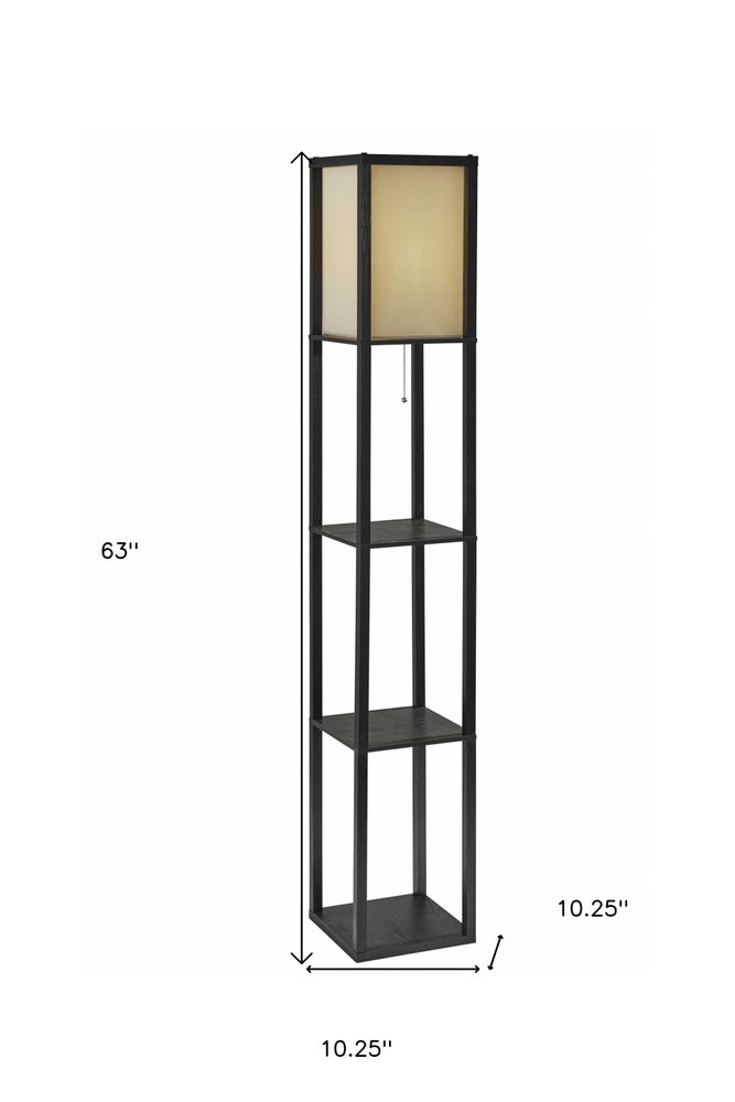 63" Black And White Solid Wood Column Floor Lamp With White Fabric Square Shade