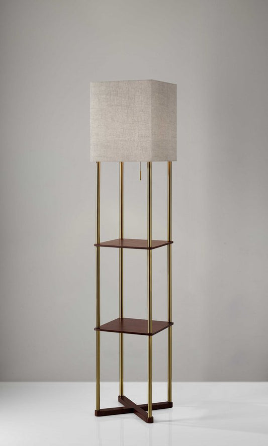 62" Brass Column Floor Lamp With Gray Fabric Square Shade