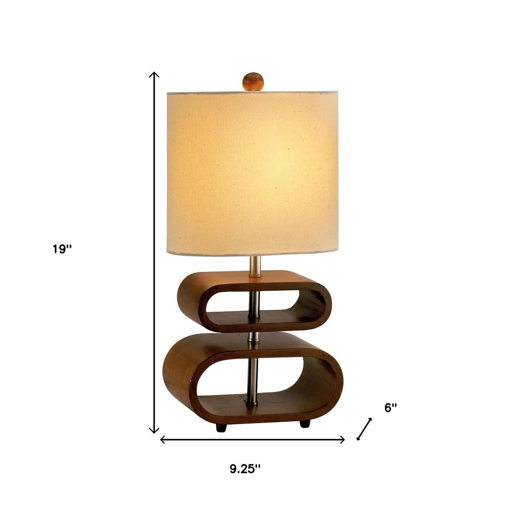 19" Brown Retro Ovals Wood Bedside Lamp With Natural Shade