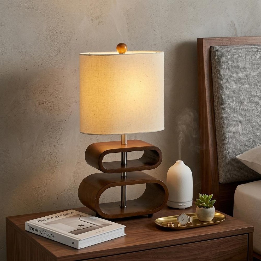 19" Brown Retro Ovals Wood Bedside Lamp With Natural Shade
