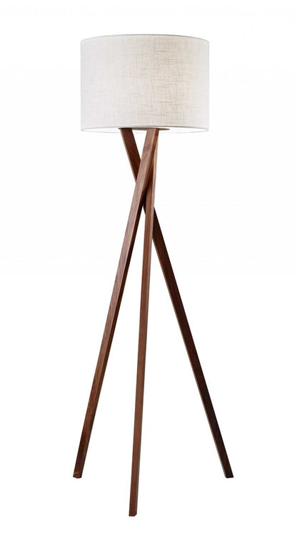 63" Brown And White Solid Wood Tripod Floor Lamp With White Linen Drum Shade