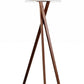 63" Brown And White Solid Wood Tripod Floor Lamp With White Linen Drum Shade