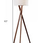 63" Brown And White Solid Wood Tripod Floor Lamp With White Linen Drum Shade
