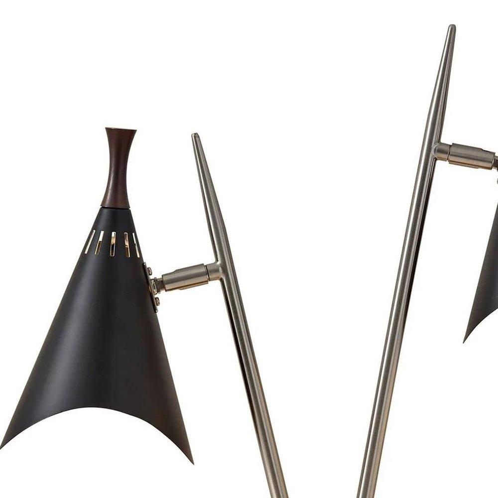 22" Black and Silver Metal Two Light Desk Lamp With Black Cone Shades