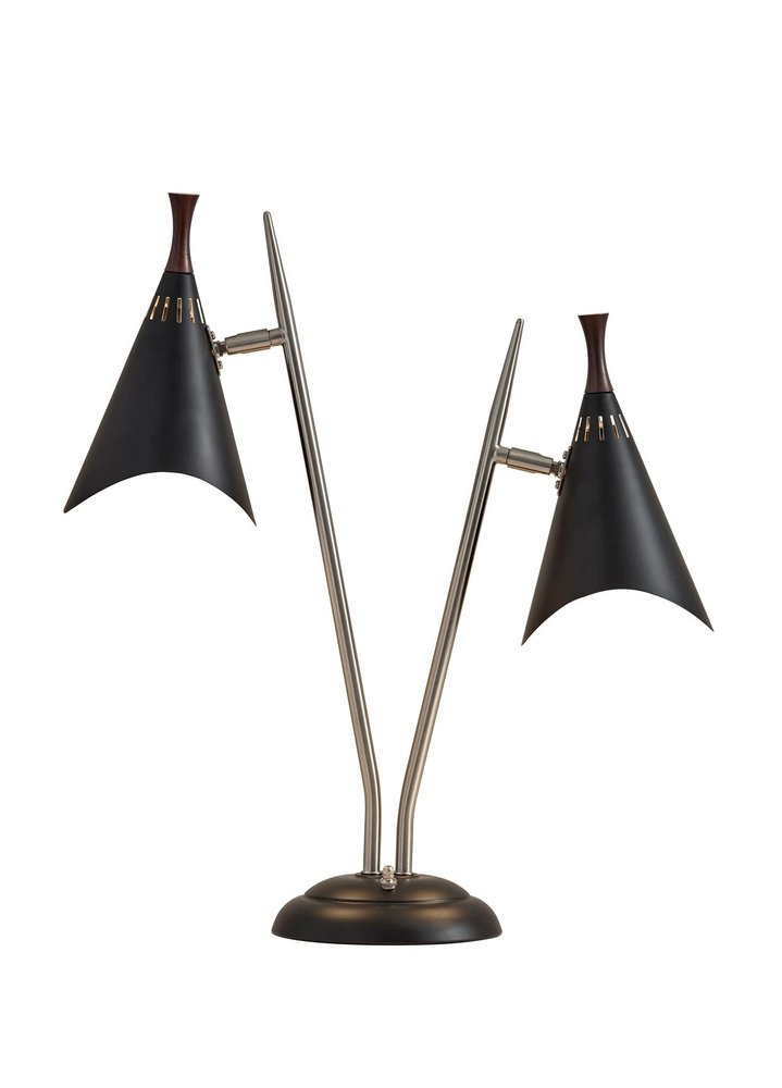 22" Black and Silver Metal Two Light Desk Lamp With Black Cone Shades